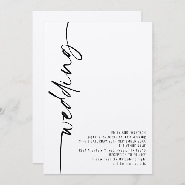 Moderne Kalligraphie QR Code Hochzeit Einladung (Vorne/Hinten)