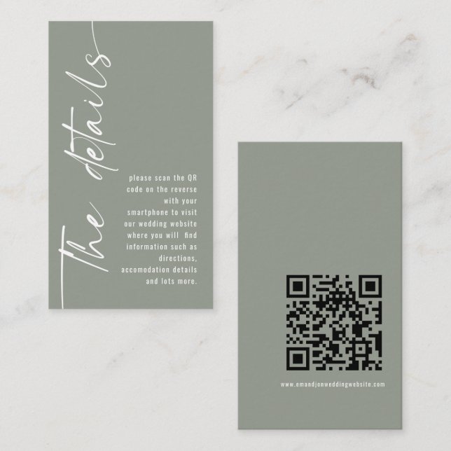 Moderne Kalligraphie QR Code Sage Wedding Details Begleitkarte (Vorne/Hinten)