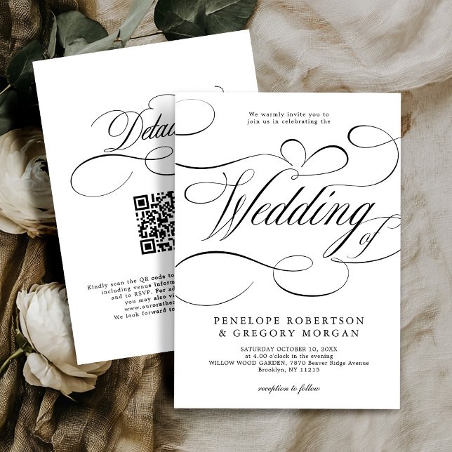 Moderne Kalligraphie Schwarz-weiß QR-Code Hochzeit Einladung (Modern calligraphy black white QR code on back wedding Invitation)