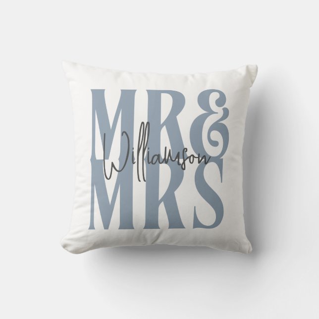 Moderne Kalligraphie Script Mr. Wedding Blue Kissen (Vorderseite)