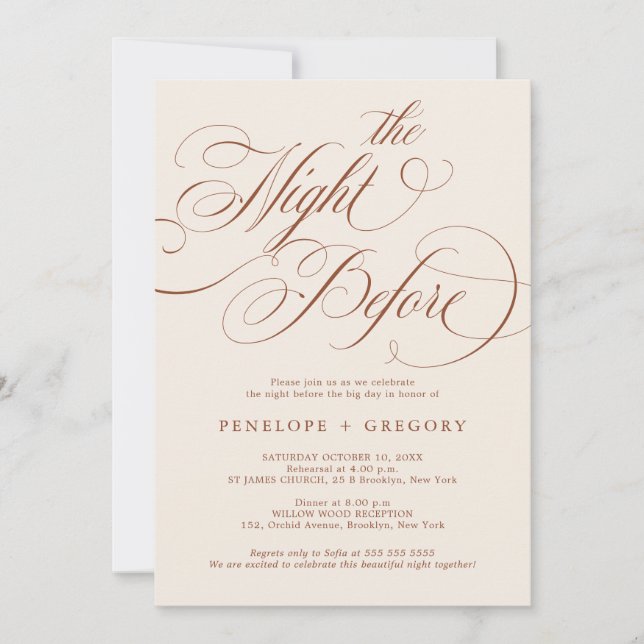 Moderne Kalligraphie Terrakotta in der Nacht davor Einladung (Vorderseite)