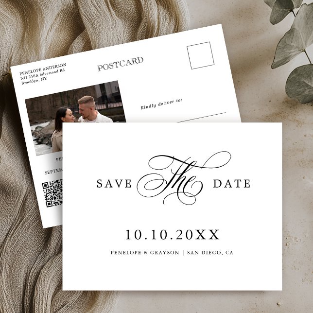 Moderne Kalligraphie zeitlos schwarz Save the Date Postkarte (Modern calligraphy timeless Black and white photo QR code Save the Date Postcard)