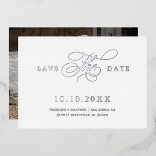 Moderne Kalligraphie zeitlos Silver Save the Date Folieneinladung
