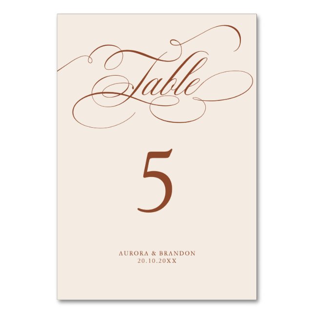 Moderne Kalligraphie Zeitlos Terracotta Hochzeit Tischnummer (Vorderseite)
