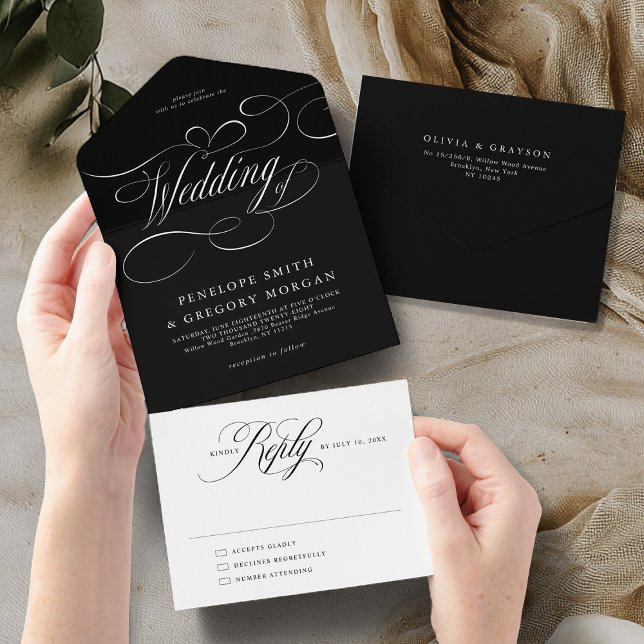 Moderne Kalligraphie zeitlose Schwarz-weiße Hochze All In One Einladung (Modern calligraphy timeless Black and white wedding All In One Invitation)