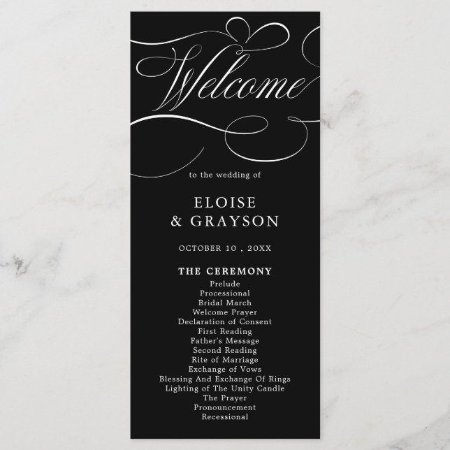Moderne Kalligraphie zeitlose Schwarz-weiße Hochze Programm (Vorderseite)