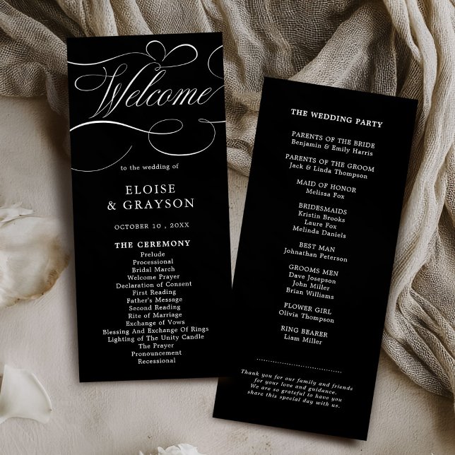 Moderne Kalligraphie zeitlose Schwarz-weiße Hochze Programm (Modern calligraphy timeless black white wedding program card)