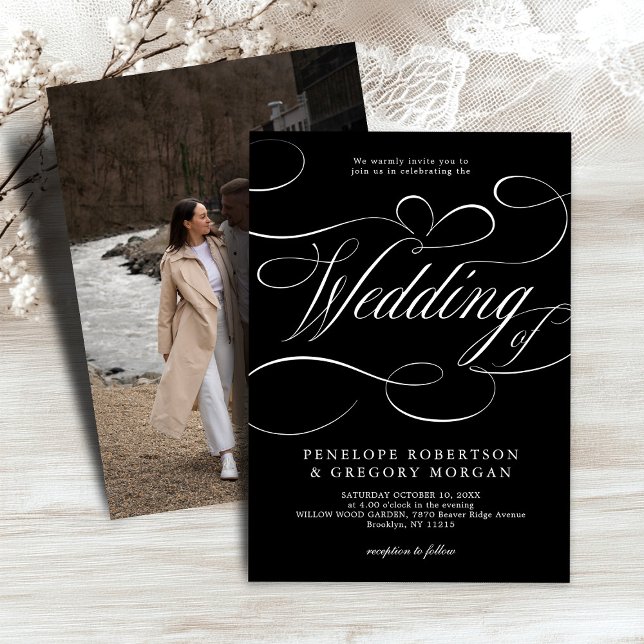 Moderne Kalligraphie zeitlose Silberhochzeit Einladung (Modern calligraphy timeless silver black wedding invitation)