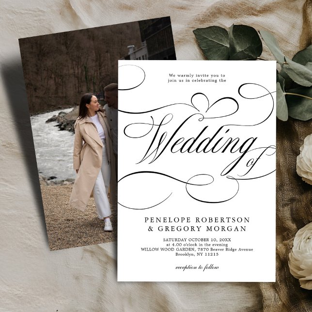 Moderne Kalligraphie zeitlose White Black Hochzeit Einladung (Modern calligraphy timeless black and white photo wedding invitation)