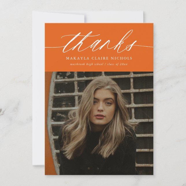 Moderne Kalligraphie Zwei Foto Orange Abschluss Dankeskarte (Vorderseite)