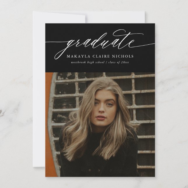 Moderne Kalligraphie Zwei Foto Schwarzer Abschluss Ankündigung (Vorderseite)