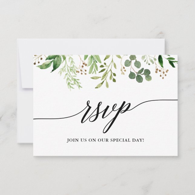Moderne kalligraphische Botanische Grüne Hochzeit RSVP Karte (Vorderseite)