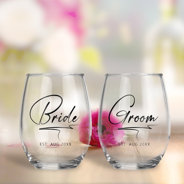 Moderne kalligraphische Bride & Groom Black ID1025 Weinglas Ohne Stiel (Von Creator hochgeladen)