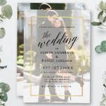 Moderne kalligraphische Goldrahmen-Foto-Hochzeit Einladung<br><div class="desc">Modernes,  elegantes Skript-Overlay für Hochzeitsfeiern mit Goldrahmen - Foto vorne und Foto hinten</div>