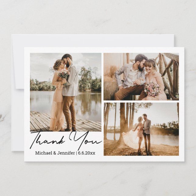 moderne kalligraphische Hochzeit 3 Fotos Collage Mitteilungskarte (Vorderseite)