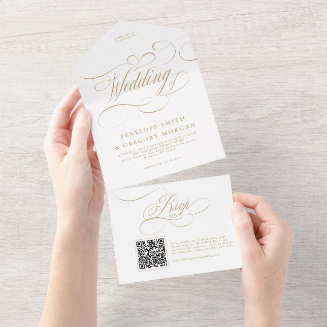 Moderne kalligraphische Hochzeit ohne Gold und Wei All In One Einladung (Abreißen)