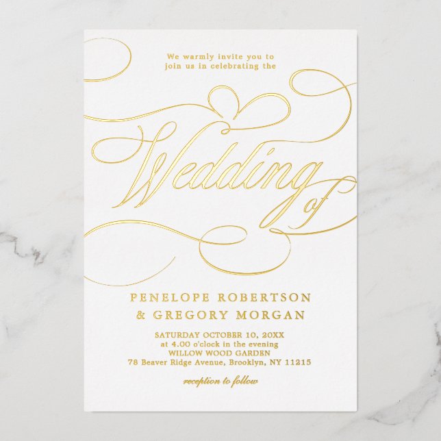 Moderne kalligraphische Hochzeit ohne Gold und Wei Folieneinladung (Vorderseite)