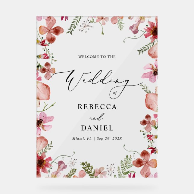 Moderne kalligraphische Hochzeit Willkommen Acrylschild (Vorderseite)