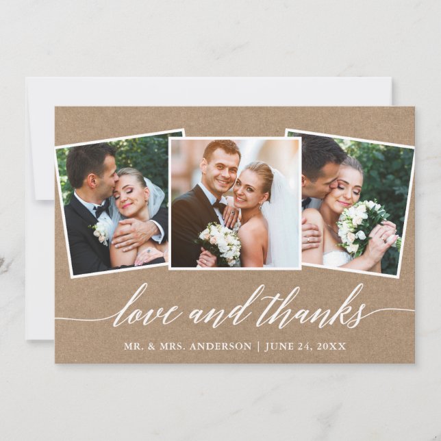 Moderne kalligraphische Liebe dank 3 Foto Kraft Dankeskarte (Vorderseite)