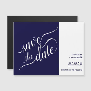 Moderne kalligraphische Navy Blue Wedding rettet d Magneteinladung