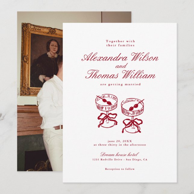 Moderne kalligraphische Rote Hochzeit Einladung (Vorne/Hinten)