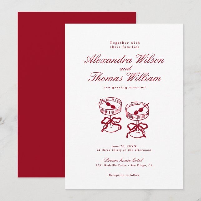 Moderne kalligraphische Rote Hochzeit Einladung (Vorne/Hinten)