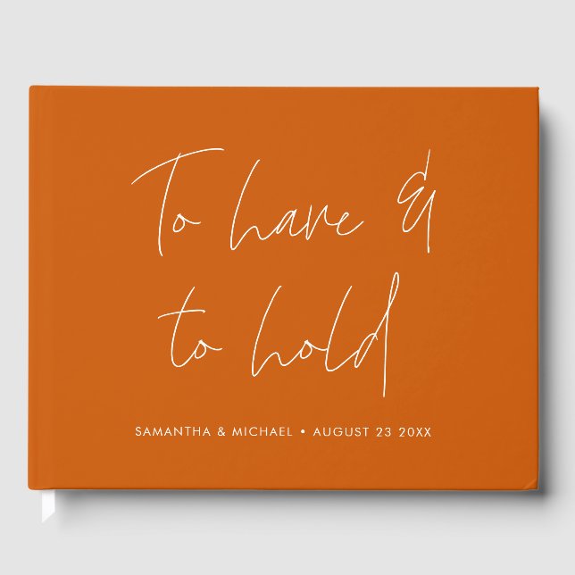 Moderne kalligraphische Vows Burnt Orange Wedding Gästebuch (Vorderseite)