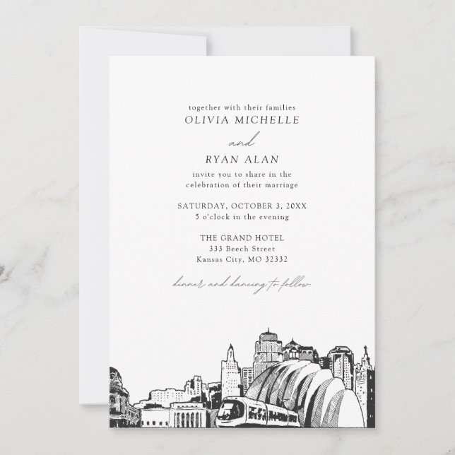Moderne Kansas City Skyline Black & White Wedding Einladung (Vorderseite)