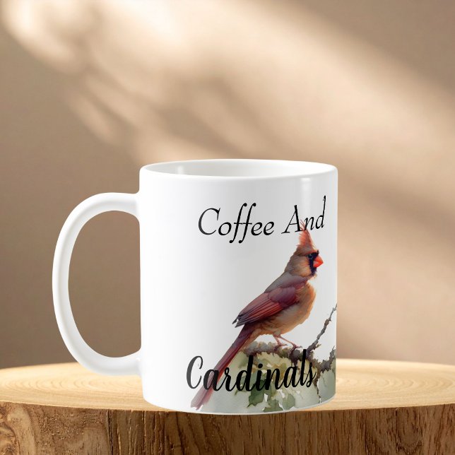 Moderne Kardinal-Paar Rot Personalisieren Kaffeetasse (Morning coffee and bird watching, Customize the wording)