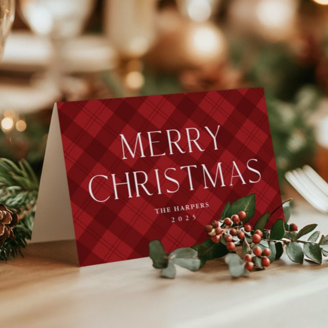 Moderne Karierte Elegante Frohe Weihnachten geklap (Rustic Merry Christmas Red Plaid Folded Holiday Cards.)