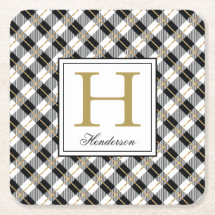 Moderne Karierte Karo Gold Akzente, Mit Monogramm Rechteckiger Pappuntersetzer