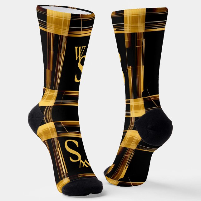 Moderne karierte Monogramm, abstrakt, gold und sch Socken (Von Creator hochgeladen)