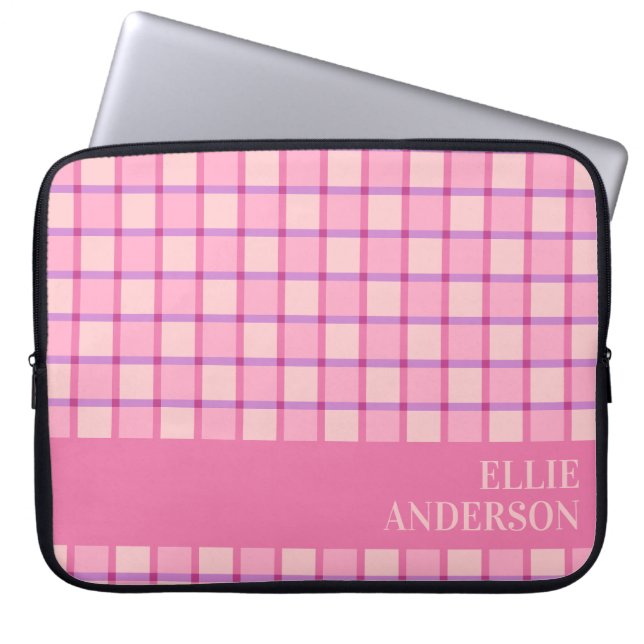 Moderne karierte rosa lila personalisierte laptopschutzhülle (Vorderseite)