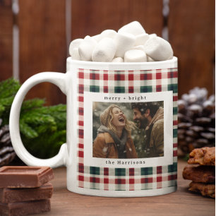 Moderne Karierte Rustikale Monogramm-Foto-Weihnach Kaffeetasse