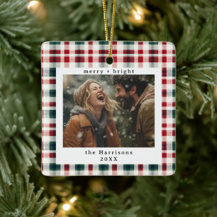 Moderne Karierte Rustikale Monogramm-Foto-Weihnach Keramikornament