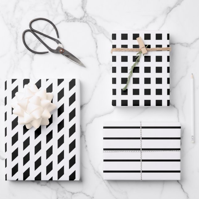 Moderne karierte Streifen und Rastermuster Schwarz Geschenkpapier Set (Vorderseite)