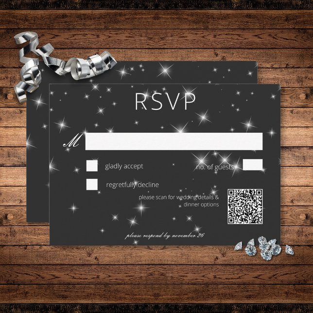 Moderne Karkohle-Schwarze Winter-Sparkle-Hochzeit RSVP Karte (Modern Charcoal Black Winter Sparkle Wedding RSVP Card)