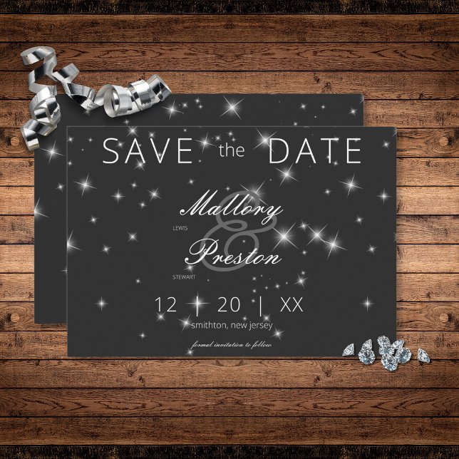 Moderne Karkohle-Schwarze Winter-Sparkle-Hochzeit Save The Date (Modern Charcoal Black Winter Sparkle Save the Date Card)