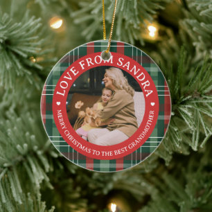 Moderne Karo-Kranz-Oma-Foto-Weihnachten Keramik Ornament
