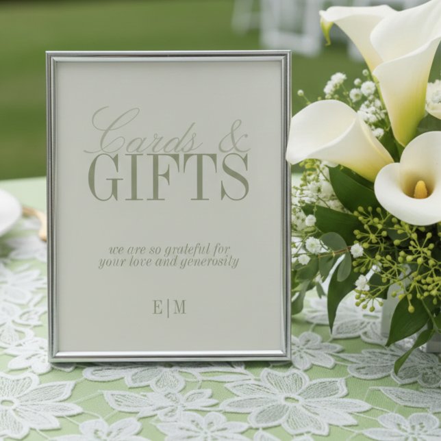 Moderne Karten und Geschenke-Hochzeits-Schild in S (Modern Sage Green Cards and Gifts Wedding Sign)