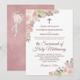 Moderne katholische Hochzeit mit rosa floralem QR- Einladung