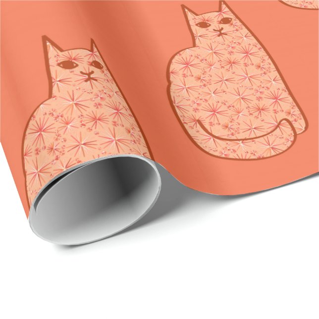 Moderne Katze, Korallenorange und Weiß des Mittelj Geschenkpapier (Rolleneckpunkt)