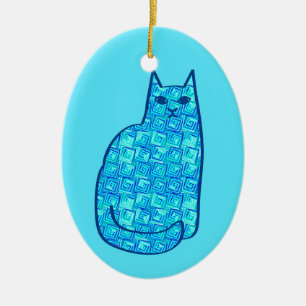 Moderne Katze, Türkis und Marine aus dem Mittelalt Keramik Ornament