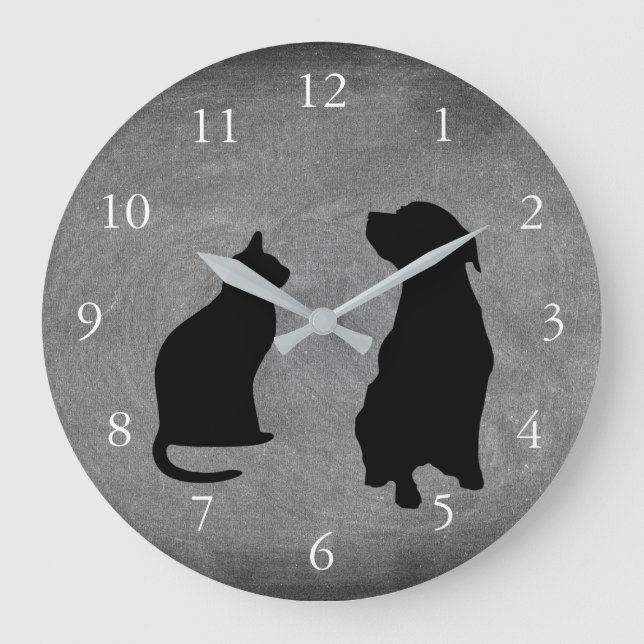 Moderne Katzen-Hunde-Silhouetten Große Wanduhr (Vorderseite)