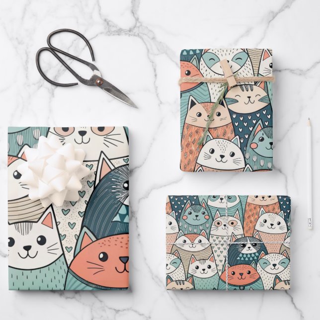 Moderne Katzenfiguren Muster Geschenkpapier Set (Vorderseite)