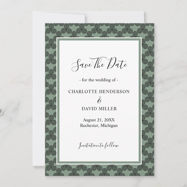 Moderne keltische Knot Green Irish Wedding Save The Date (Vorderseite)