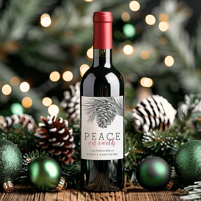 Moderne Kiefernabteilung Zeichnend Weltfrieden Weinetikett (Modern Pine Branch Drawing Peace On Earth Wine Label)