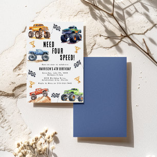 Moderne Kinder Monster Trucks 4. Geburtstagsfeier Einladung