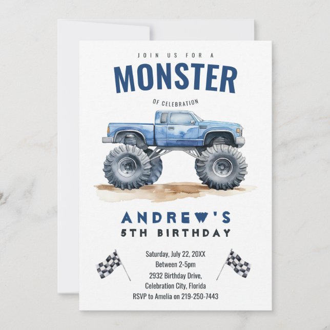 Moderne Kinder Monster Trucks Geburtstagsparty Einladung (Vorderseite)