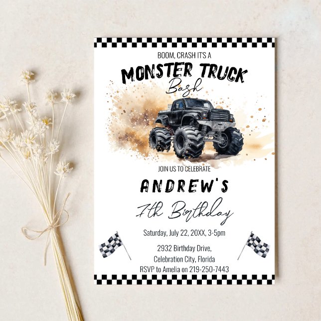 Moderne Kinder Schwarzes Monster Trucks Geburtstag Einladung (Von Creator hochgeladen)